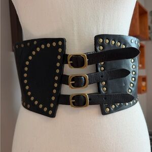 Linea Pelle Studded Triple Buckle Ren Faire Waist Belt Espresso Brown Medium